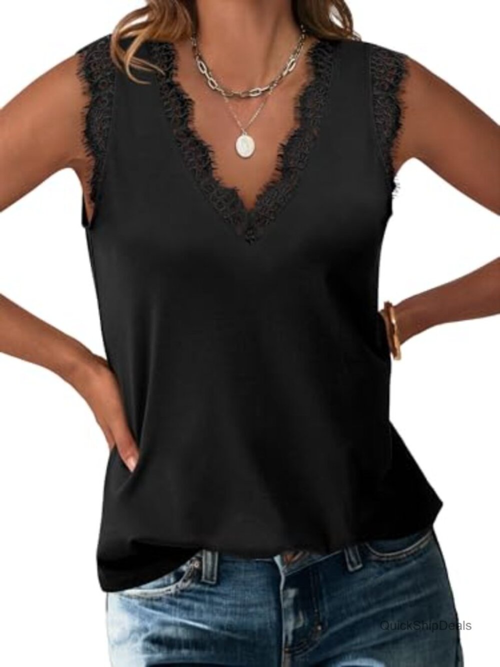 Womens Lace Trim V Neck Sleeveless Tank Top Summer Casual Shirt
